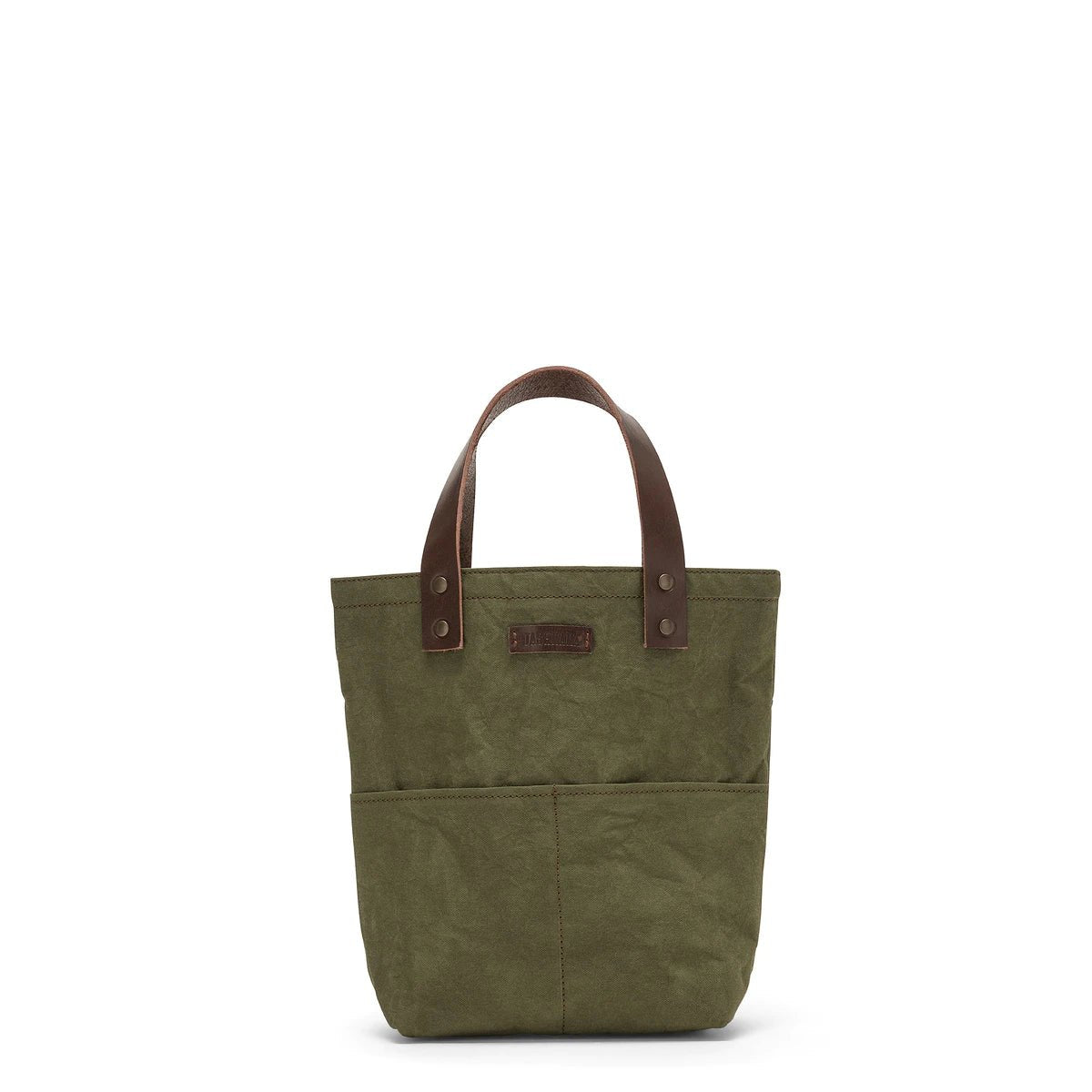 A dark green washable paper tote bag with two brown leather handles and external pockets