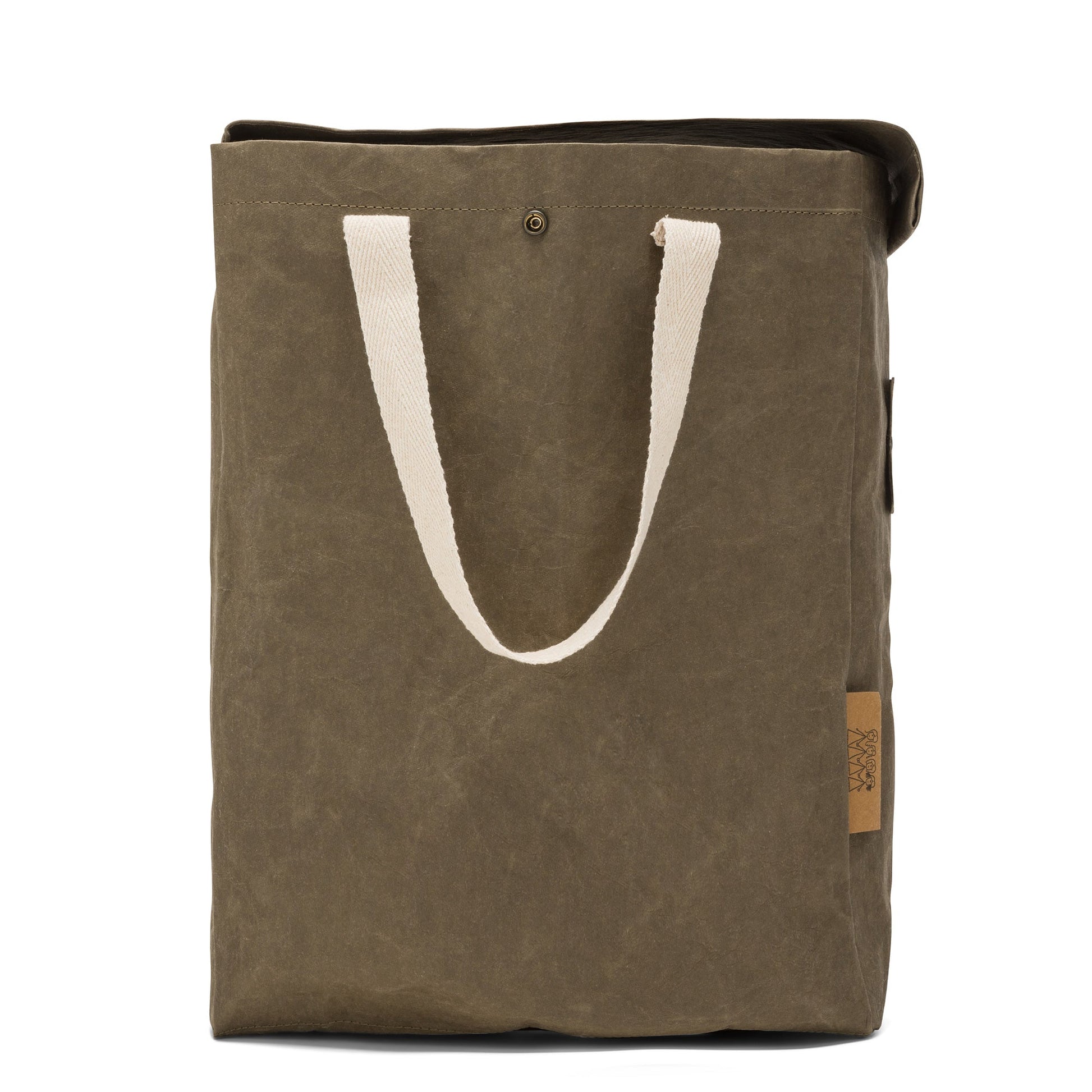 A washable paper recycling bag is shown from the side. The bag has a washable paper  lid which is attached, a washable paper tag attached to the front by two metal studs, and two recycled cotton straps - one on each side. There is a metal stud on the side at the top to attach to another washable paper recycling bag. The bag shown is olive.