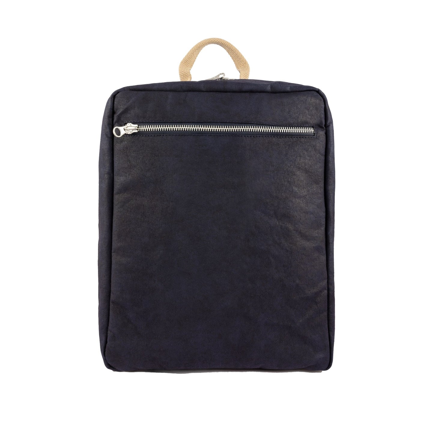 A square washable paper backpack is shown in a black colour. it has one external zip pocket and a top handle.