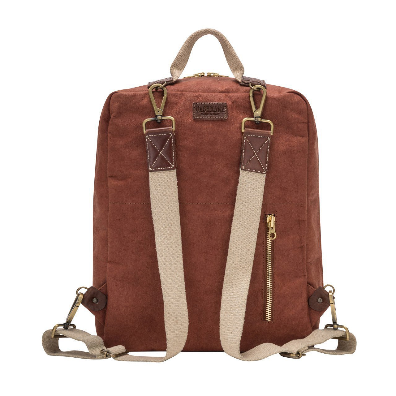 The rear of a washable paper backpack is shown. The backpack is in a cognac colour and has a top carry handle, and two recycled cotton straps. A vertical zip pocket is also shown.