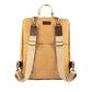 The rear of a washable paper backpack is shown. The backpack is in a light tan colour and has a top carry handle, and two recycled cotton straps. A vertical zip pocket is also shown.