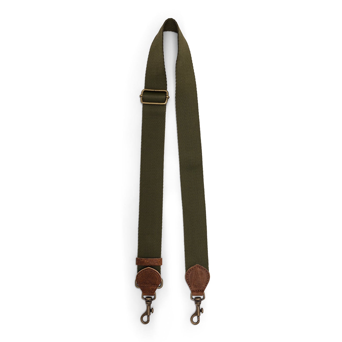 An olive bag strap is shown. The strap shows a brass adjuster, washable paper details and metal retractable fasteners.
