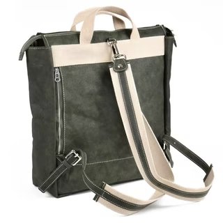 A natural dark green washable paper backpack is shown from the back. It features metal hardware, a side zip, two canvas top handles and two canvas backpack straps in cream canvas with a dark green washable paper tripe down the middle.
