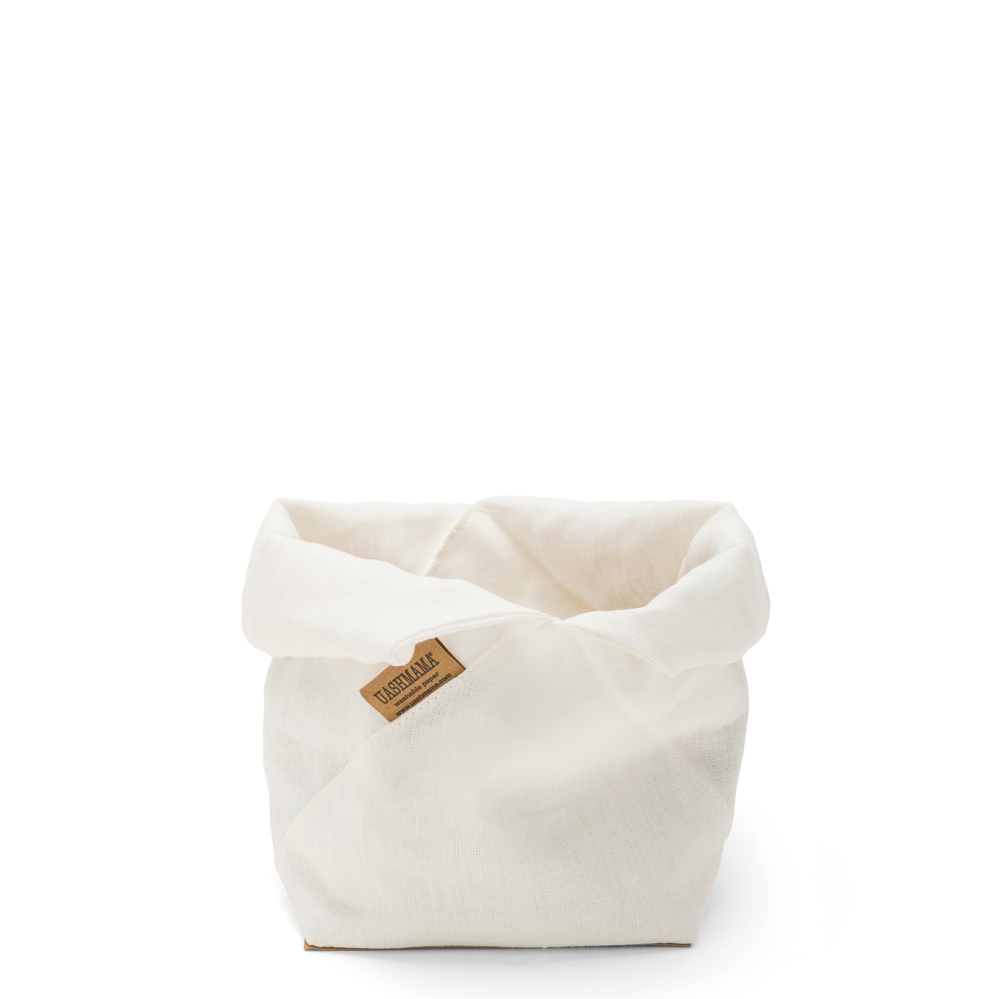 A white linen bread bag is shown with the top rolled down, open. A brown logo UASHMAMA tag features on the front side.