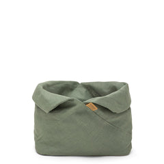 A large green bread bag is shown with the top rolled down.