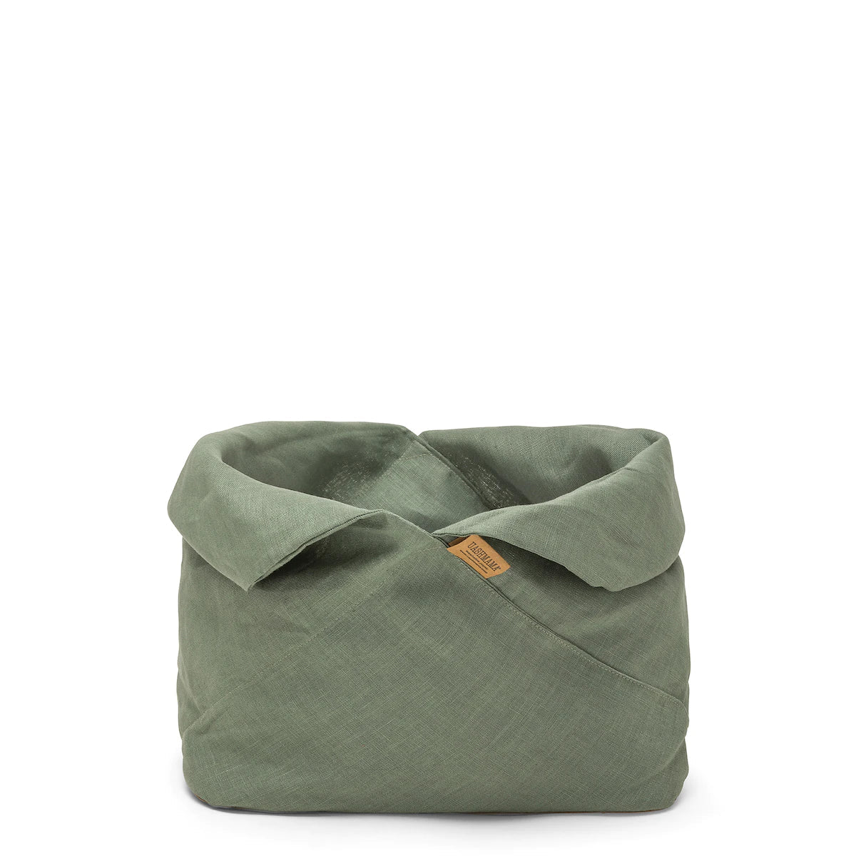 A large green bread bag is shown with the top rolled down.