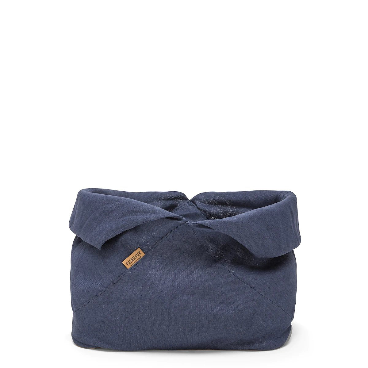 A large navy bread bag is shown with the top rolled down.