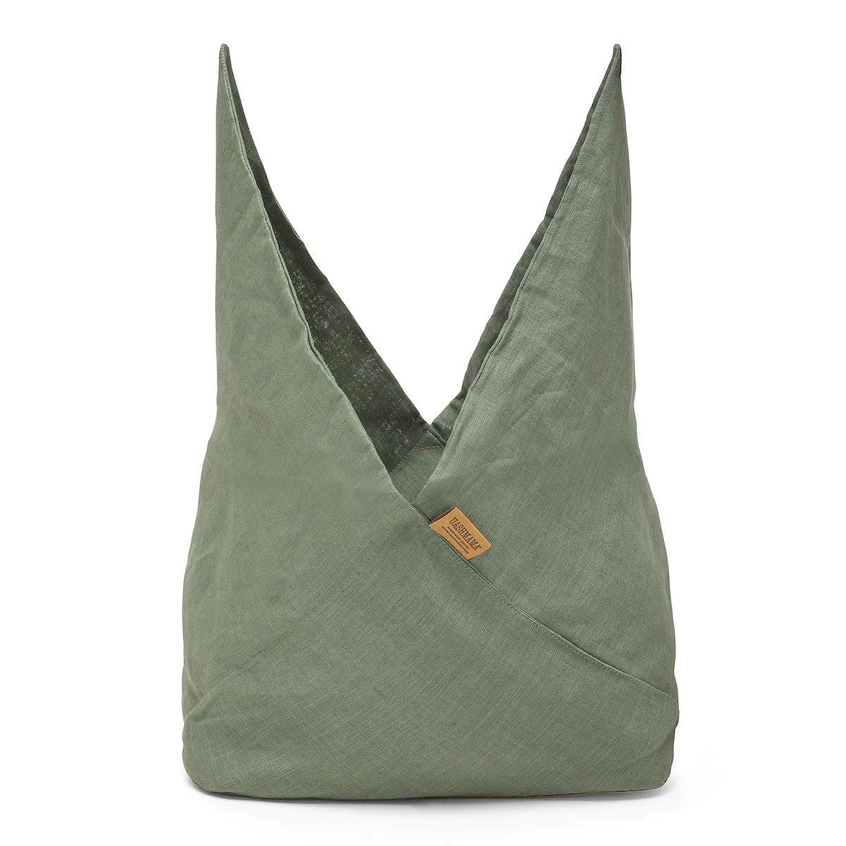 A large green linen bread bag is shown open, with the top fully unfurled, pointing skywards.
