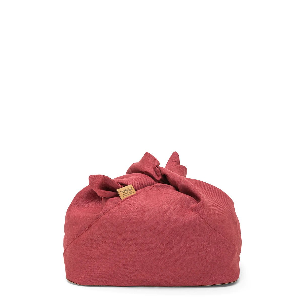 A large red linen bread bag is shown with tied handles and a tan UASHMAMA logo tab at the front right side.