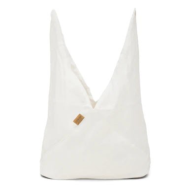 A large white linen bread bag is shown open, with the top fully unfurled, pointing skywards.