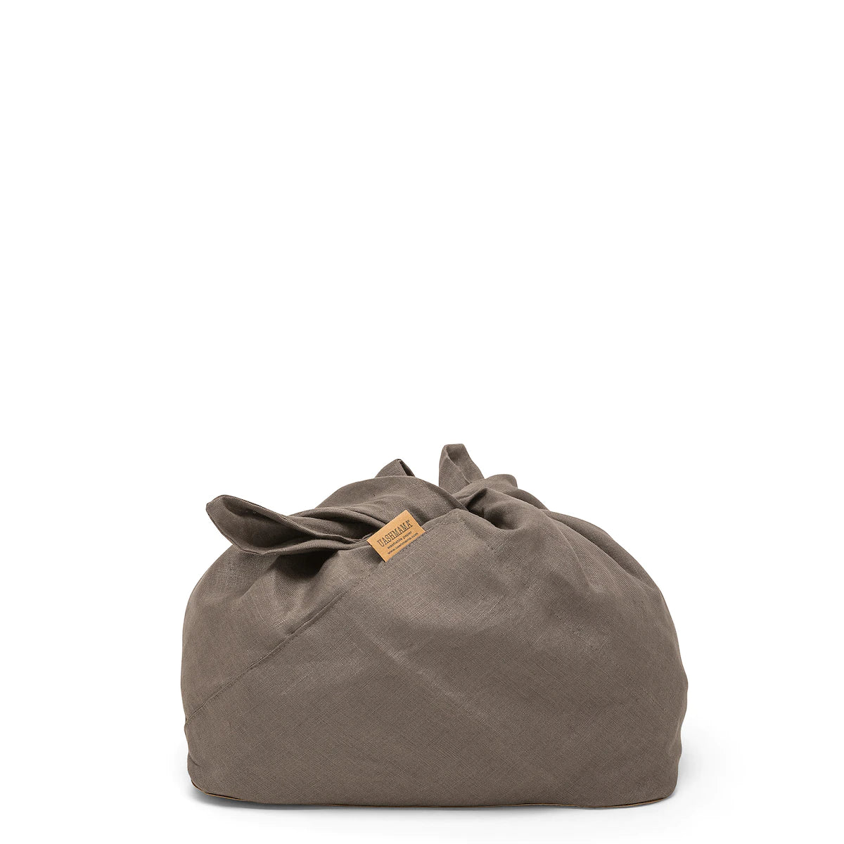 A large brown linen bread bag is shown with tied handles and a tan UASHMAMA logo tab at the front right side.