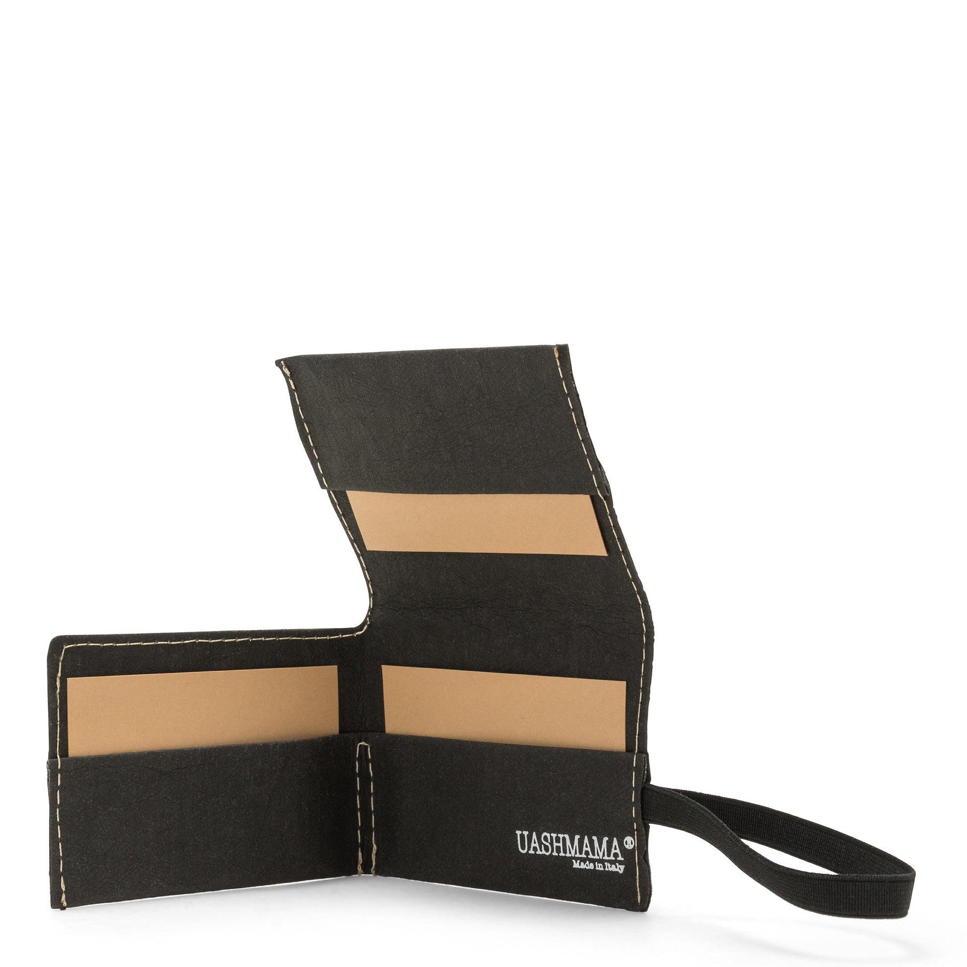 A black washable paper card holder is shown open from the front angle. It features a black elastic side strap and the white UASHMAMA logo stamped on the inside bottom right.