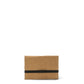 A tan coloured washable paper card holder is shown from the front, with an elastic strap closure in black.