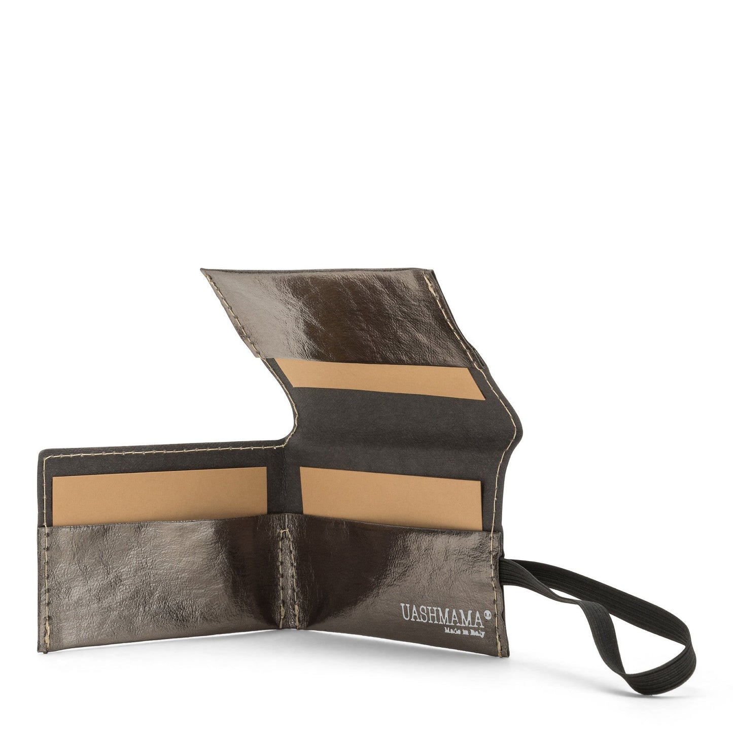 A dark pewter metallic washable paper card holder is shown open from the front angle. It features a black elastic side strap and the white UASHMAMA logo stamped on the inside bottom right.