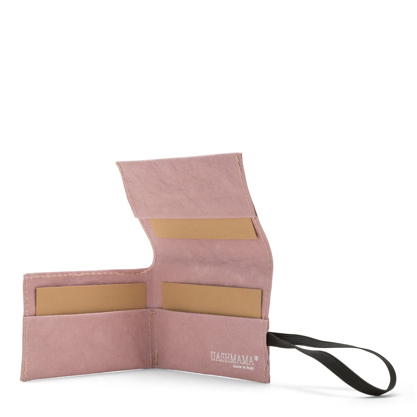 A dusky pink washable paper card holder is shown open from the front angle. It features a black elastic side strap and the white UASHMAMA logo stamped on the inside bottom right.