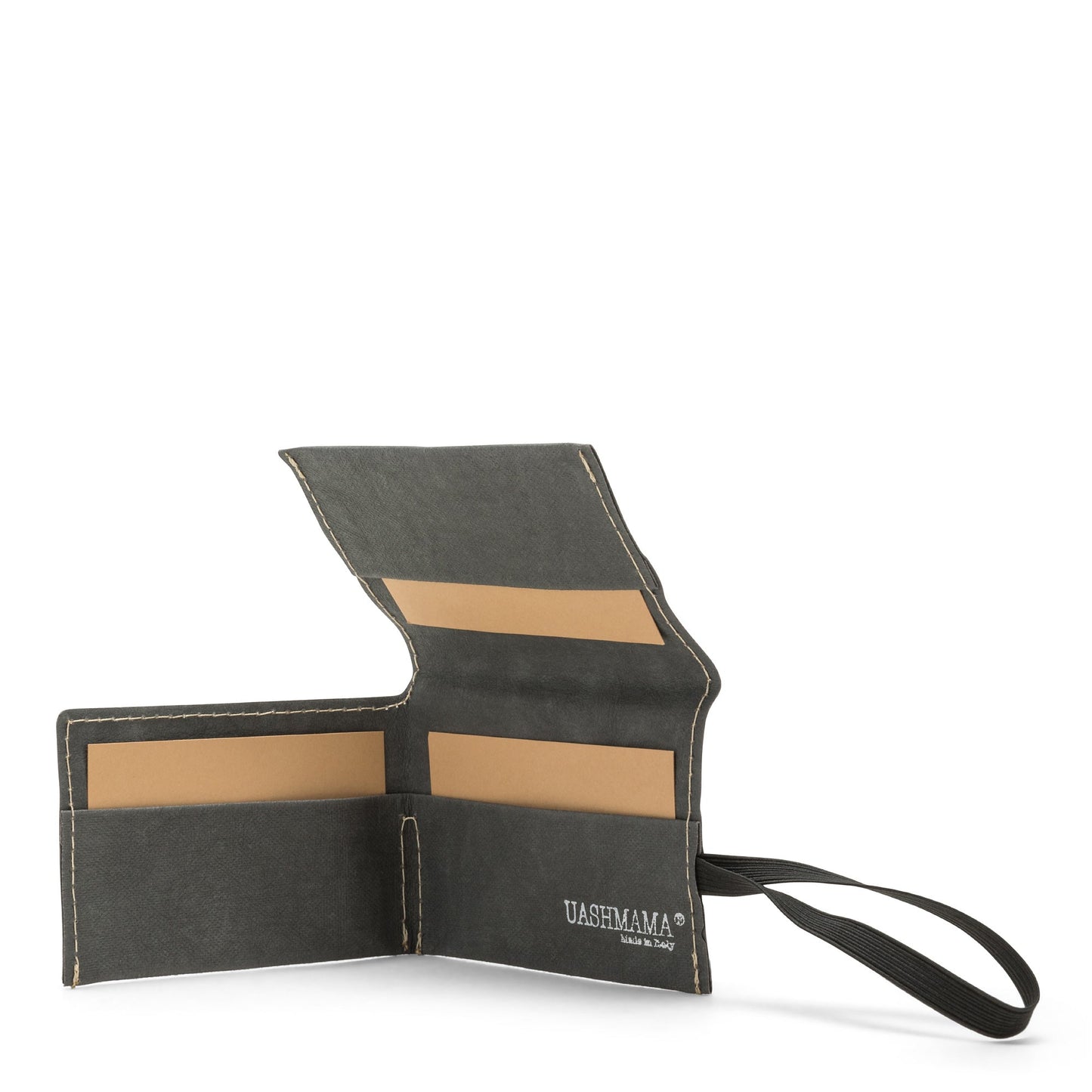 A dark grey washable paper card holder is shown open from the front angle. It features a black elastic side strap and the white UASHMAMA logo stamped on the inside bottom right.