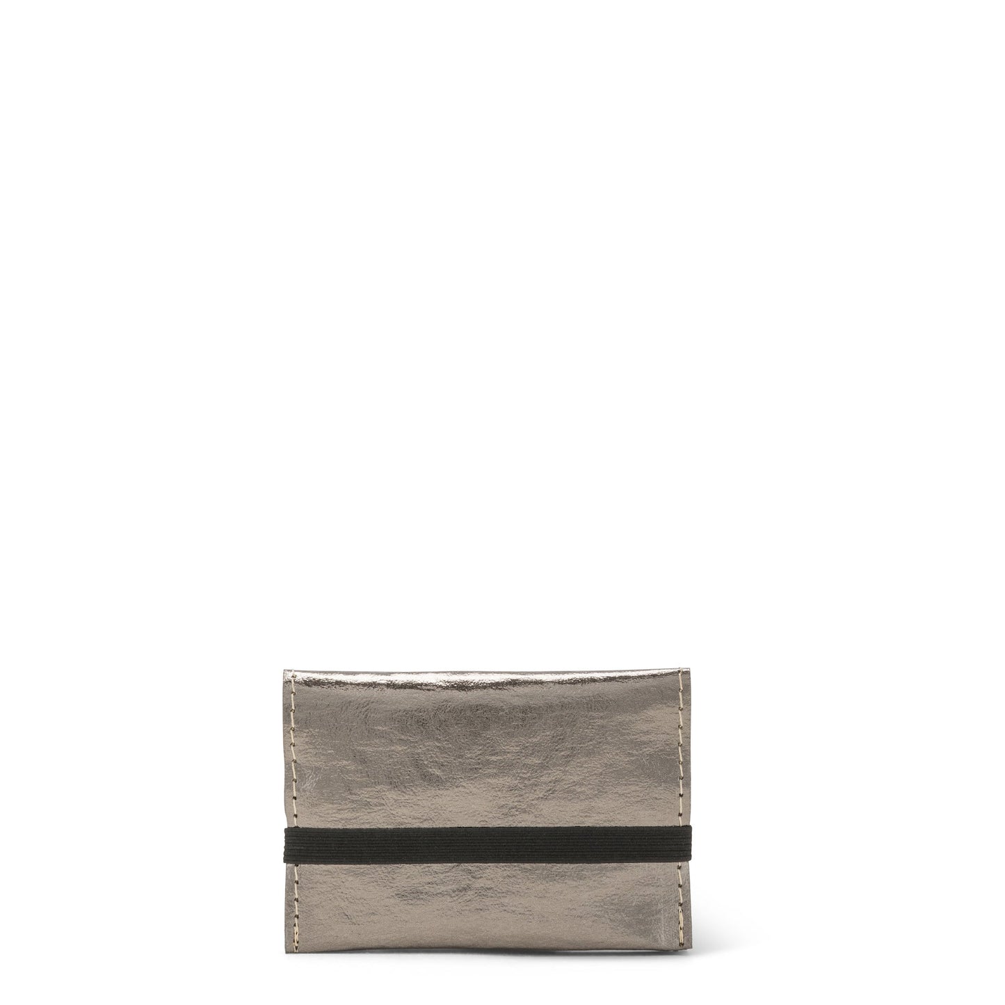 A pewter metallic washable paper card holder is shown from the front, with an elastic strap closure in black.