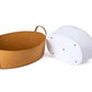 A tan washable paper storage basket sits at left, with a white washable paper basket shown on its side at right.