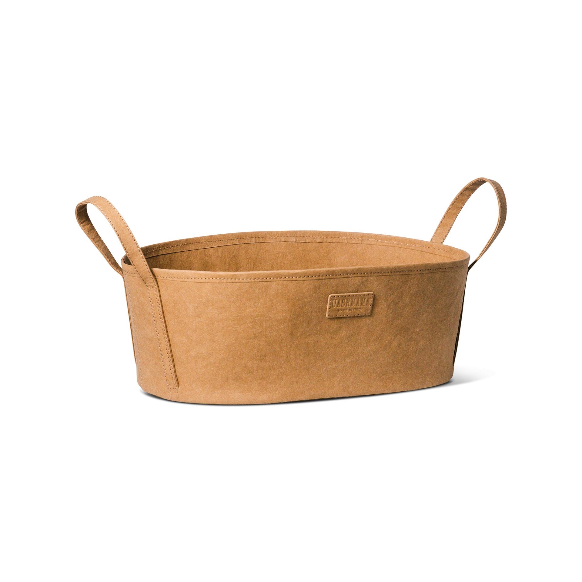 An oblong tan coloured washable paper storage box is shown from the front angle. It features an embossed all-tan UASHMAMA logo tab on the front.