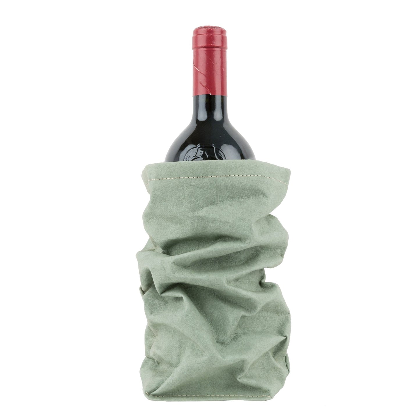 A bottle of red wine is shown inside a pale green washable paper wine holder.