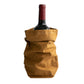 A bottle of red wine is shown inside a tan washable paper wine holder.