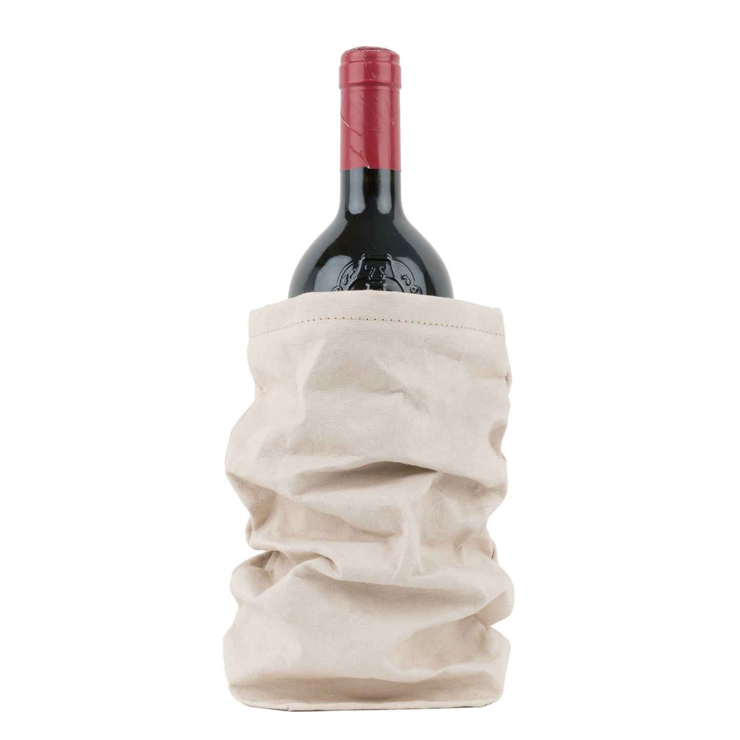 A bottle of red wine is shown inside a grey washable paper wine holder.