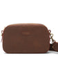 A washable paper cross-body bag is shown with a front tab bearing the UASHMAMA logo in a small font. The bag is shown in brown, with a chocolate toned cotton strap with antique brass hardware.