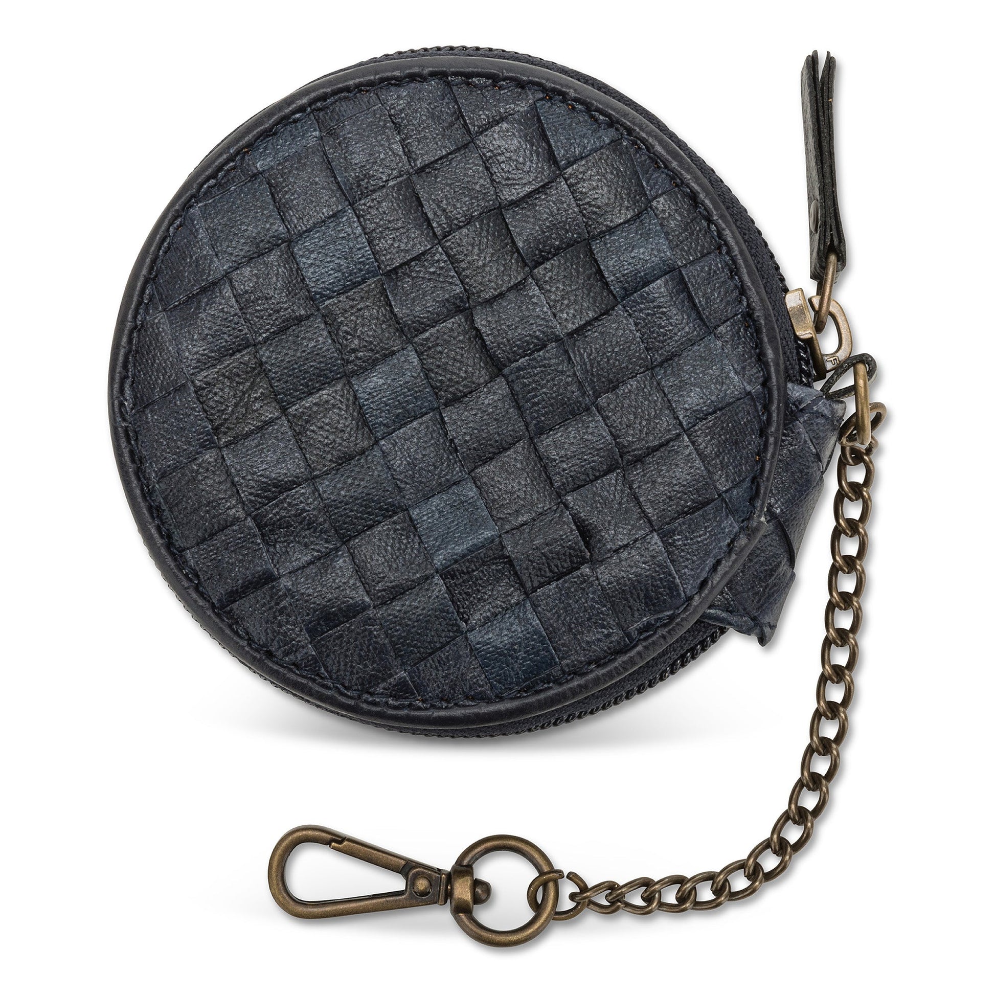 A black woven washable paper round coin purse is shown from the front angle. It features a black zip pull and an antique brass coloured attachment chain.
