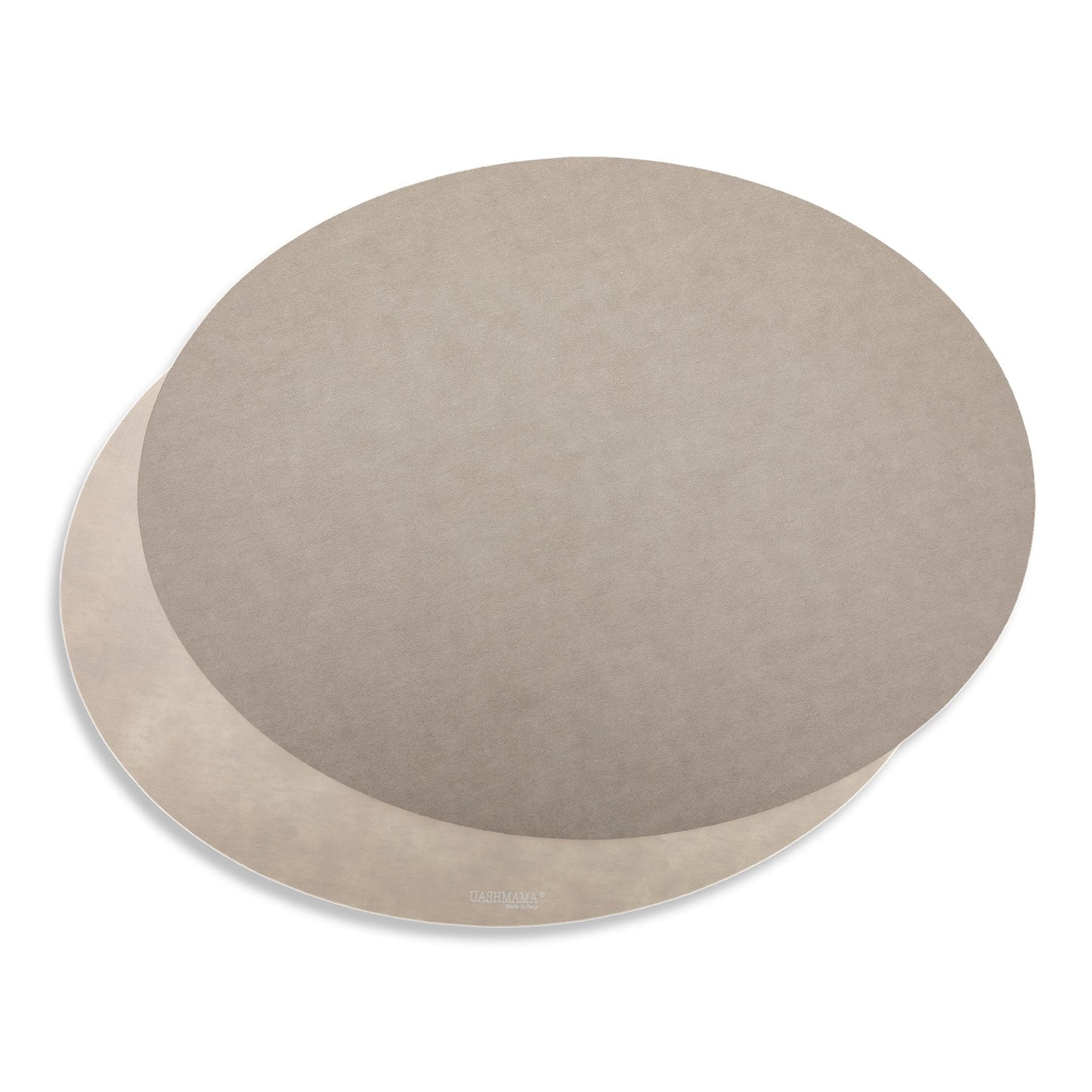 Two oval washable paper placemats are shown on top of each other. The one in the rear is beige and the one on top is grey.