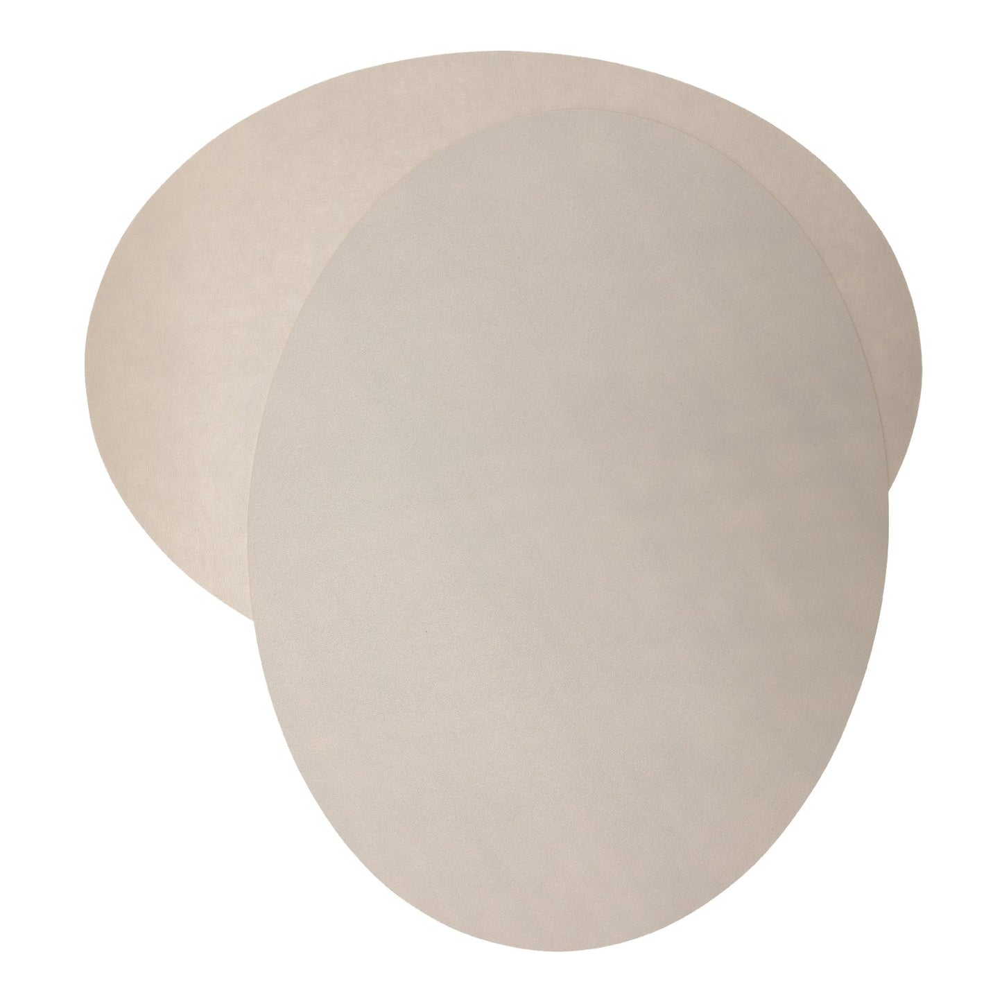 Two oval washable paper placemats are shown on top of each other, at contrasting angles. The one in the rear is beige and the one on top is pale grey.
