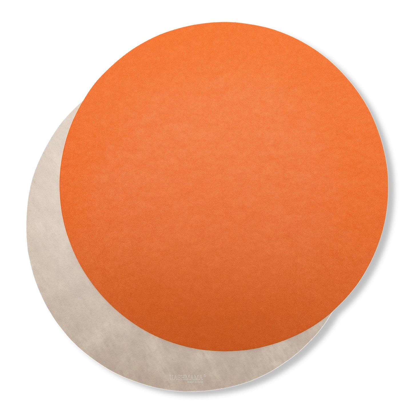 Two round washable paper placemats are shown one on top of the other. The one in the foreground is orange and the one at rear is beige.