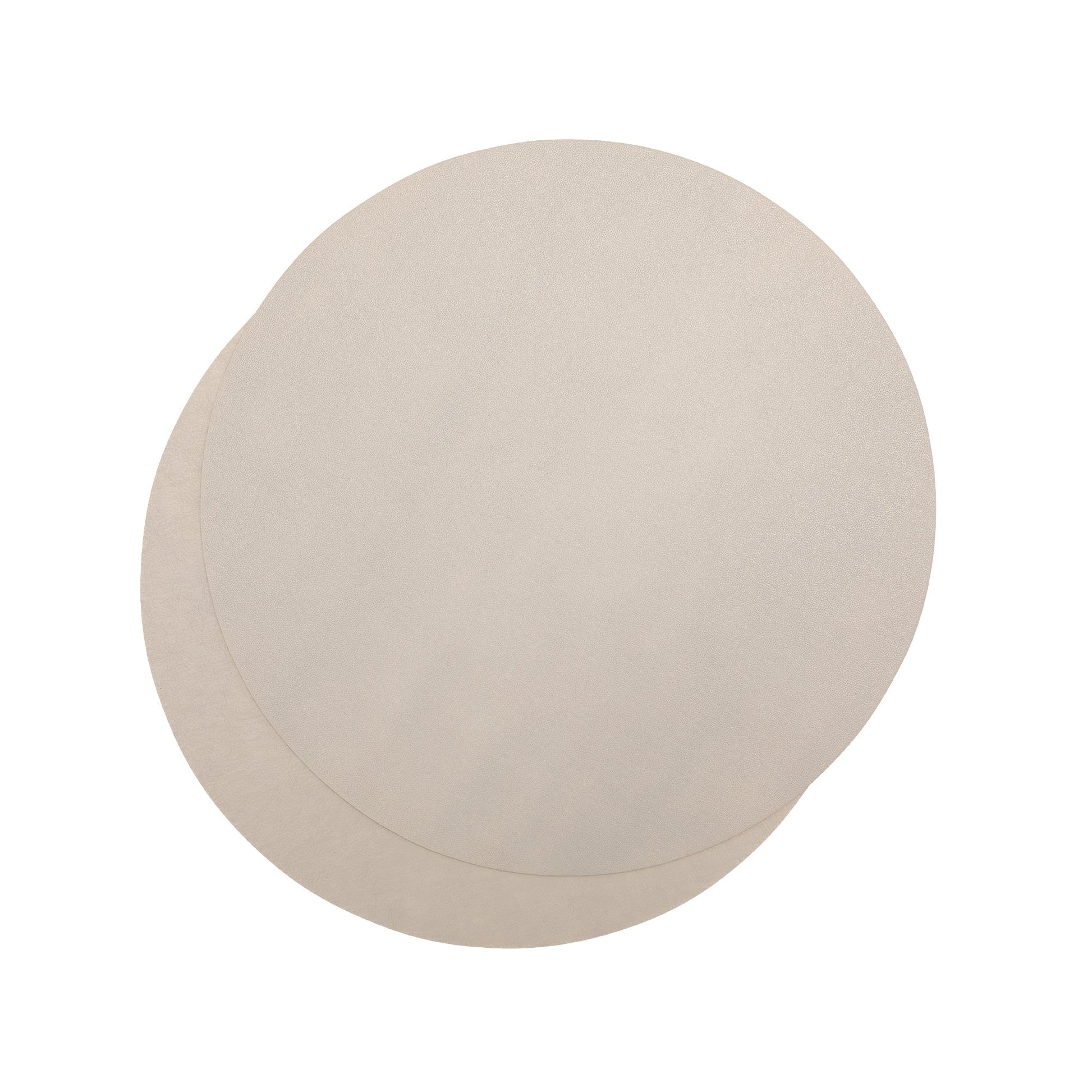 Two beige round washable paper placemats are shown one on top of the other. 