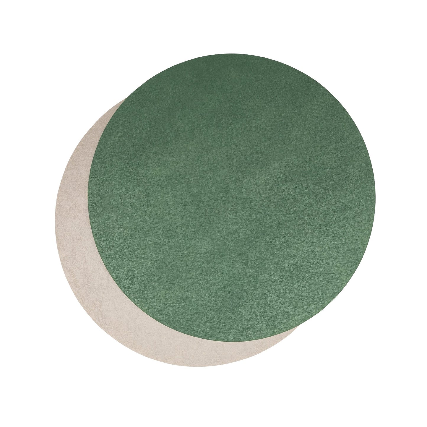 Two round washable paper placemats are shown one on top of the other. The one in the foreground is green and the one at rear is beige.