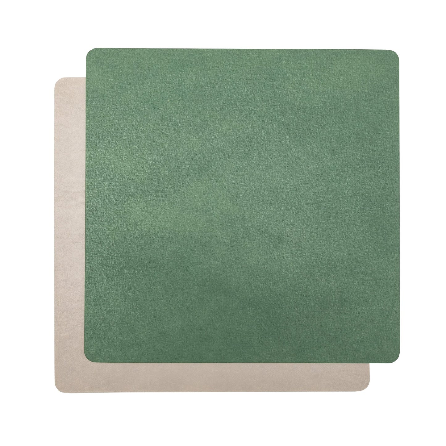 Two square washable paper placemats are shown one on top of the other. The one in the foreground is green and the one at the rear is beige. 