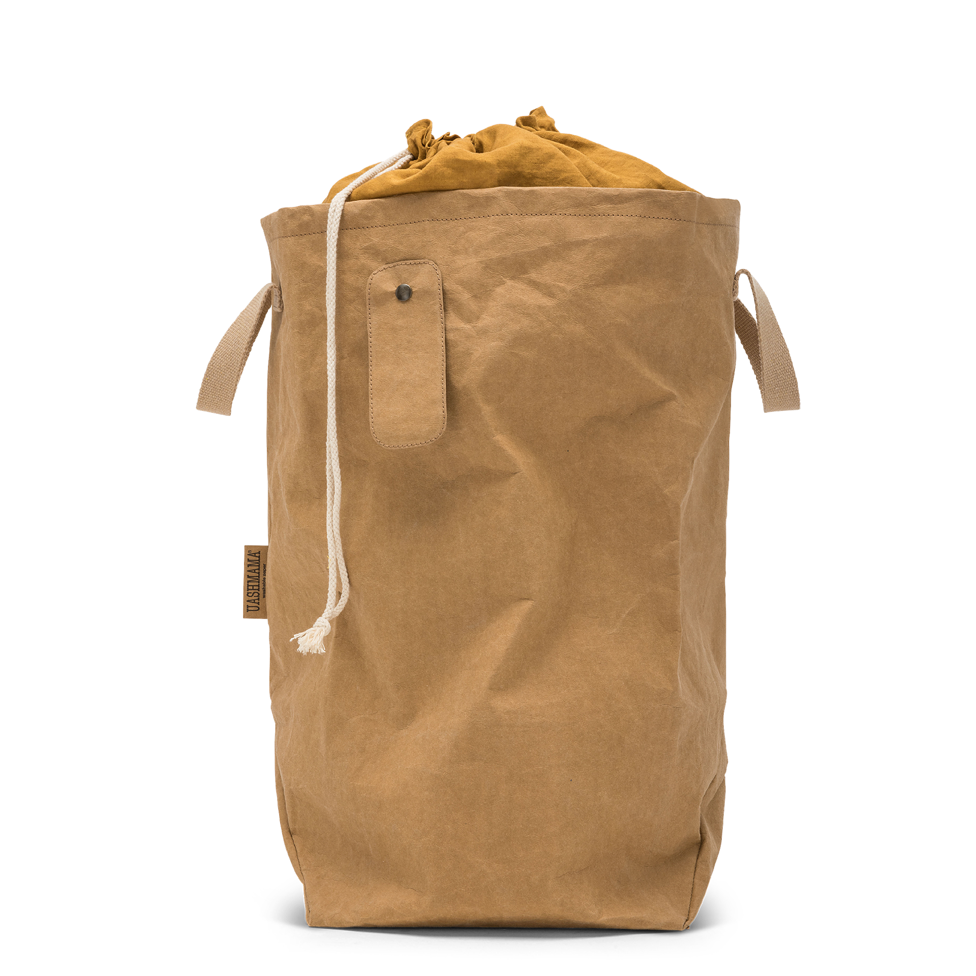 A washable paper laundry bag is shown in tan. It features two side handles, a popper tab, and an interior drawstring lining.