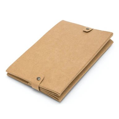 A washable paper box in tan is shown folded flat, with two side poppers to hold it in place.