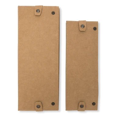Two tan washable paper boxes are shown folded flat, with metallic stud closures to hold them in place. The one at the left is larger.