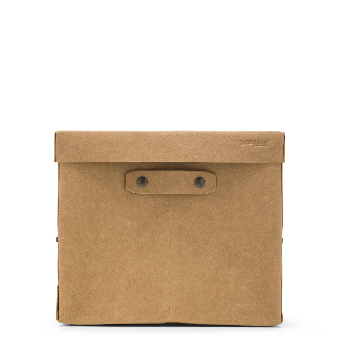 A large washable paper box is shown in tan, with the UASHMAMA logo stamped in the right hand corner of the lid. Two metal studs hold the removable handle in place.