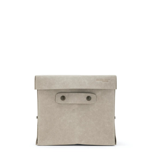 A grey washable paper lidded box is shown from the front angle. It features a metal stud handle and the UASHMAMA logo embossed on the right hand side of the lid.