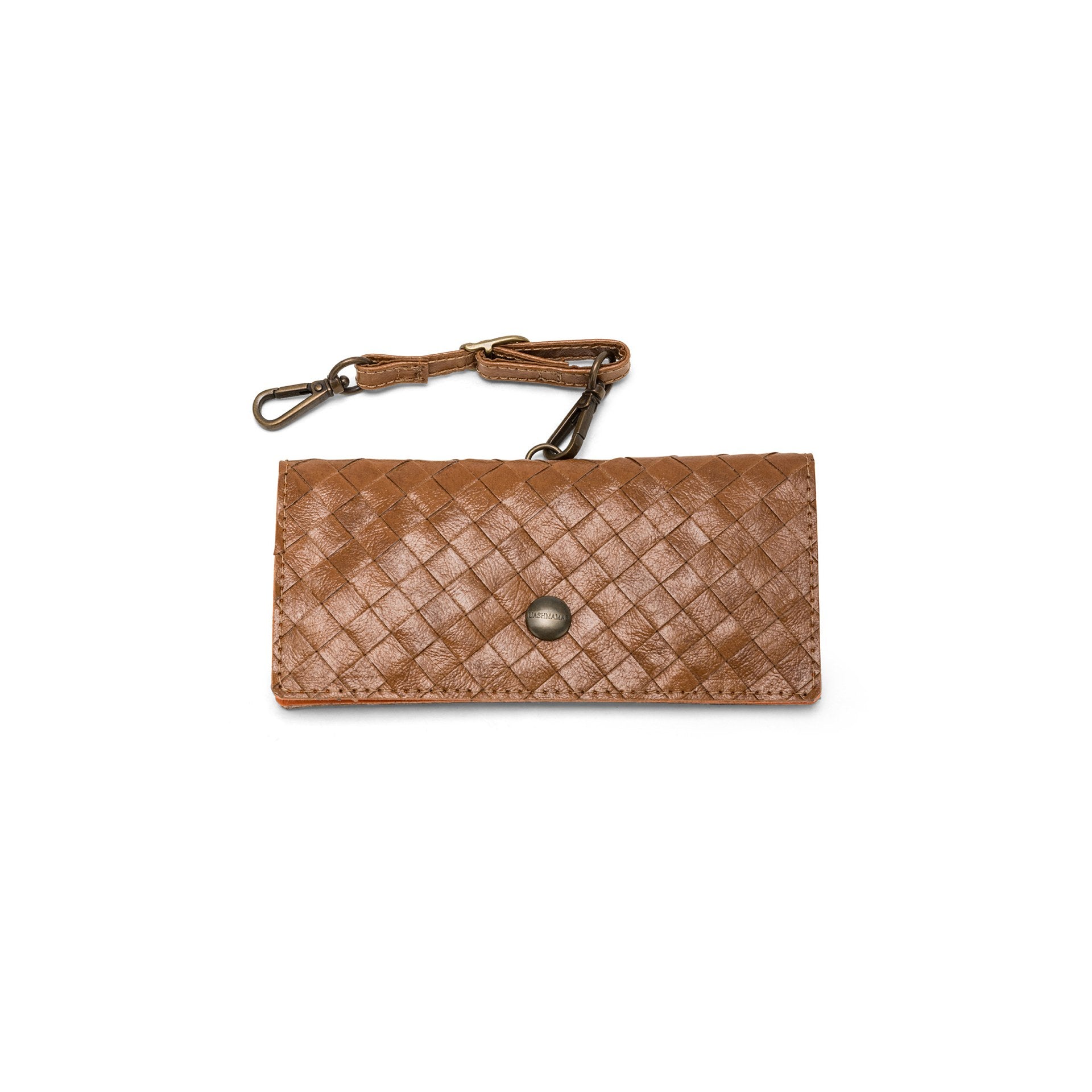A mid brown woven washable paper glasses case is shown, with a metal stud closure and a washable paper strap attachment.