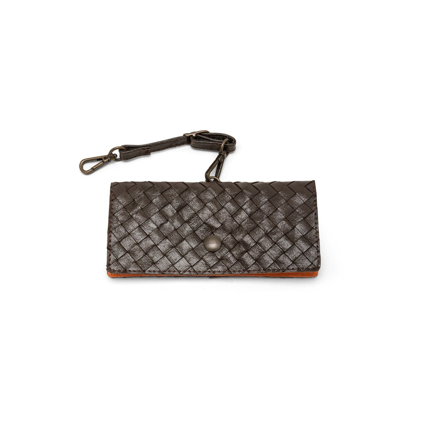 A chocolate brown woven washable paper glasses case is shown, with a metal stud closure and a washable paper strap attachment.