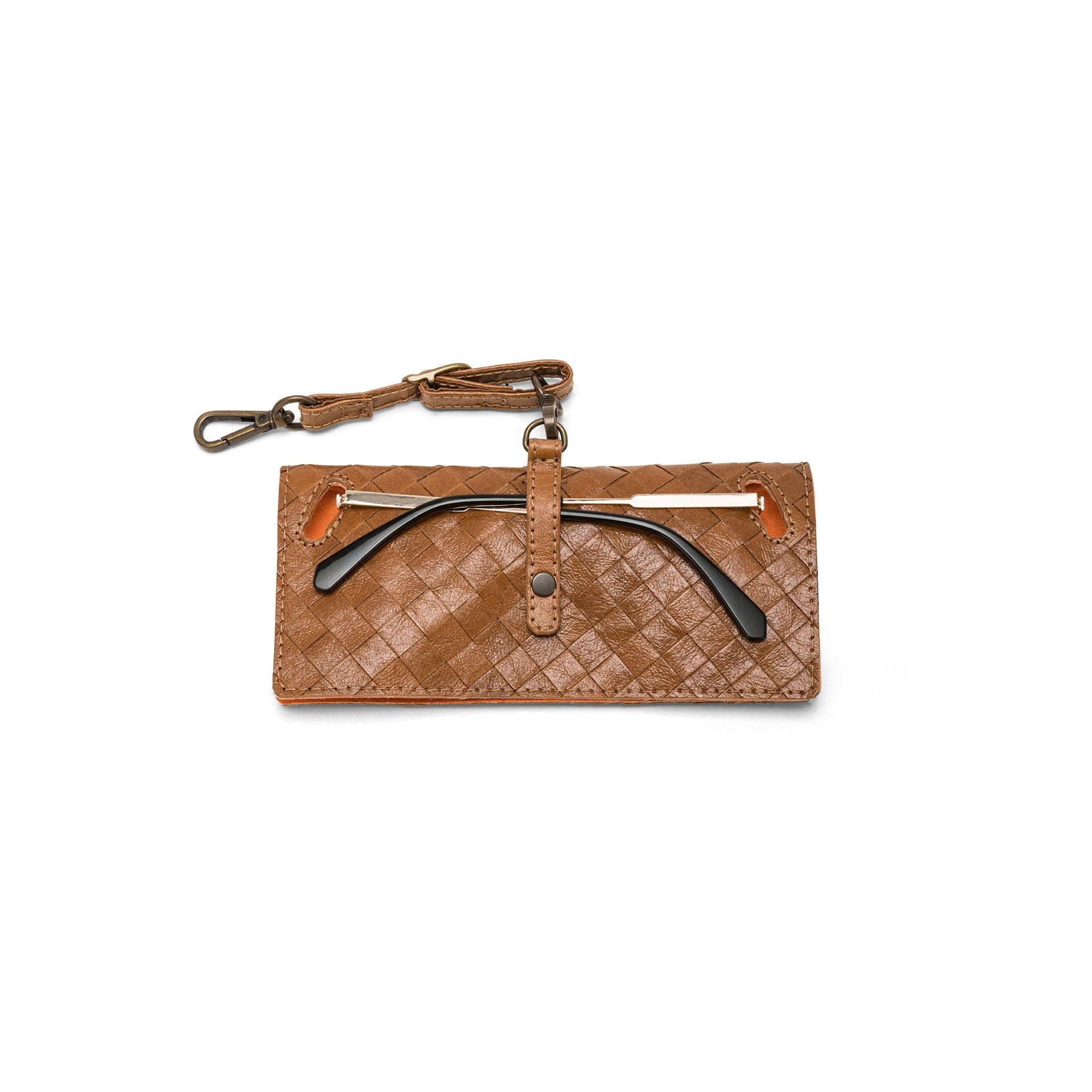 A mid brown woven washable paper glasses case is shown from the back angle with a metal stud closure and a washable paper strap attachment.