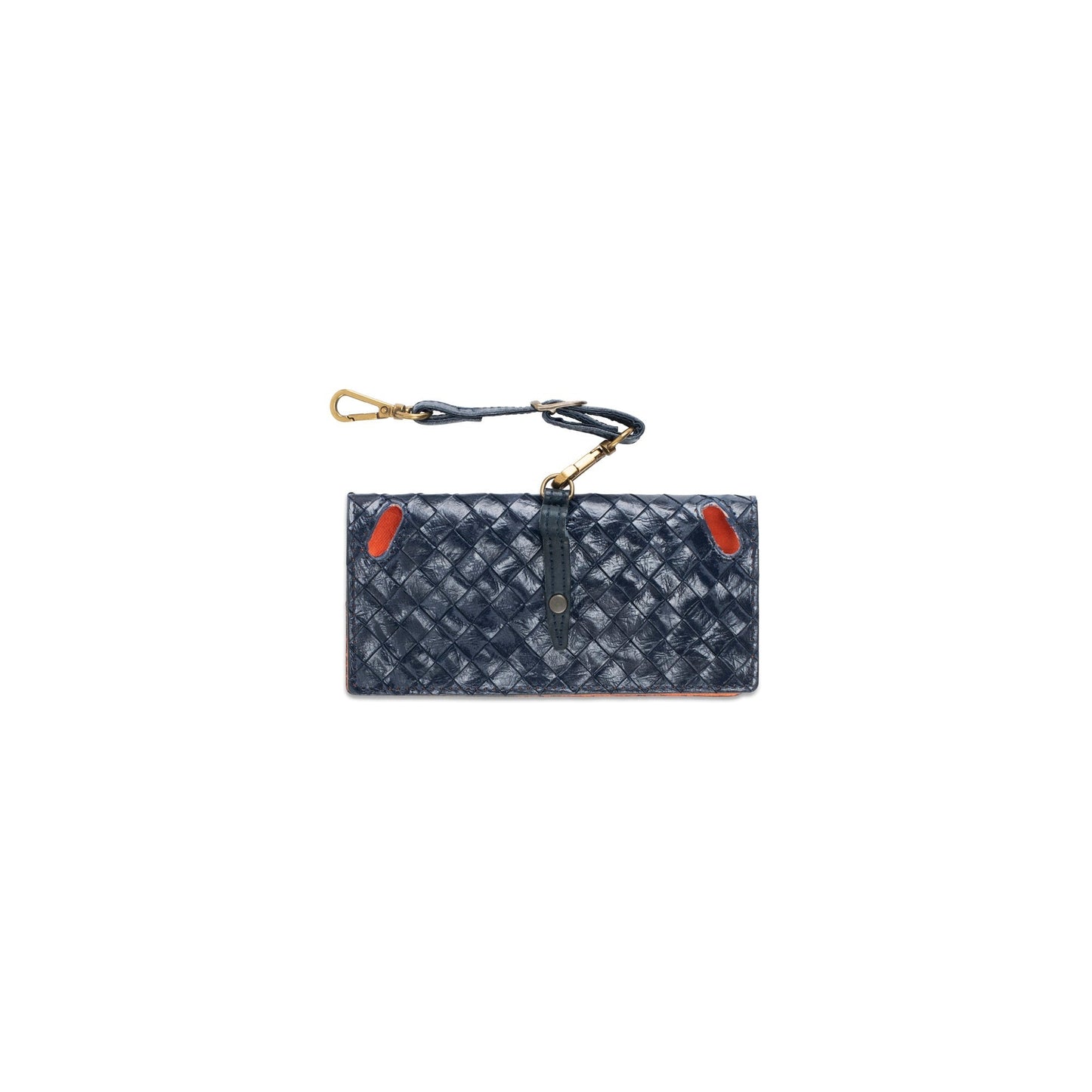 A navy woven washable paper glasses case is shown, with a metal stud closure and a washable paper strap attachment.