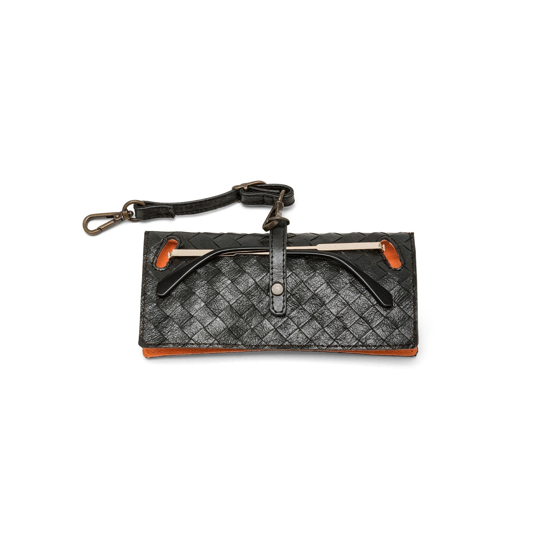A black woven washable paper glasses case is shown from the rear angle, with a metal stud closure and a washable paper strap attachment.
