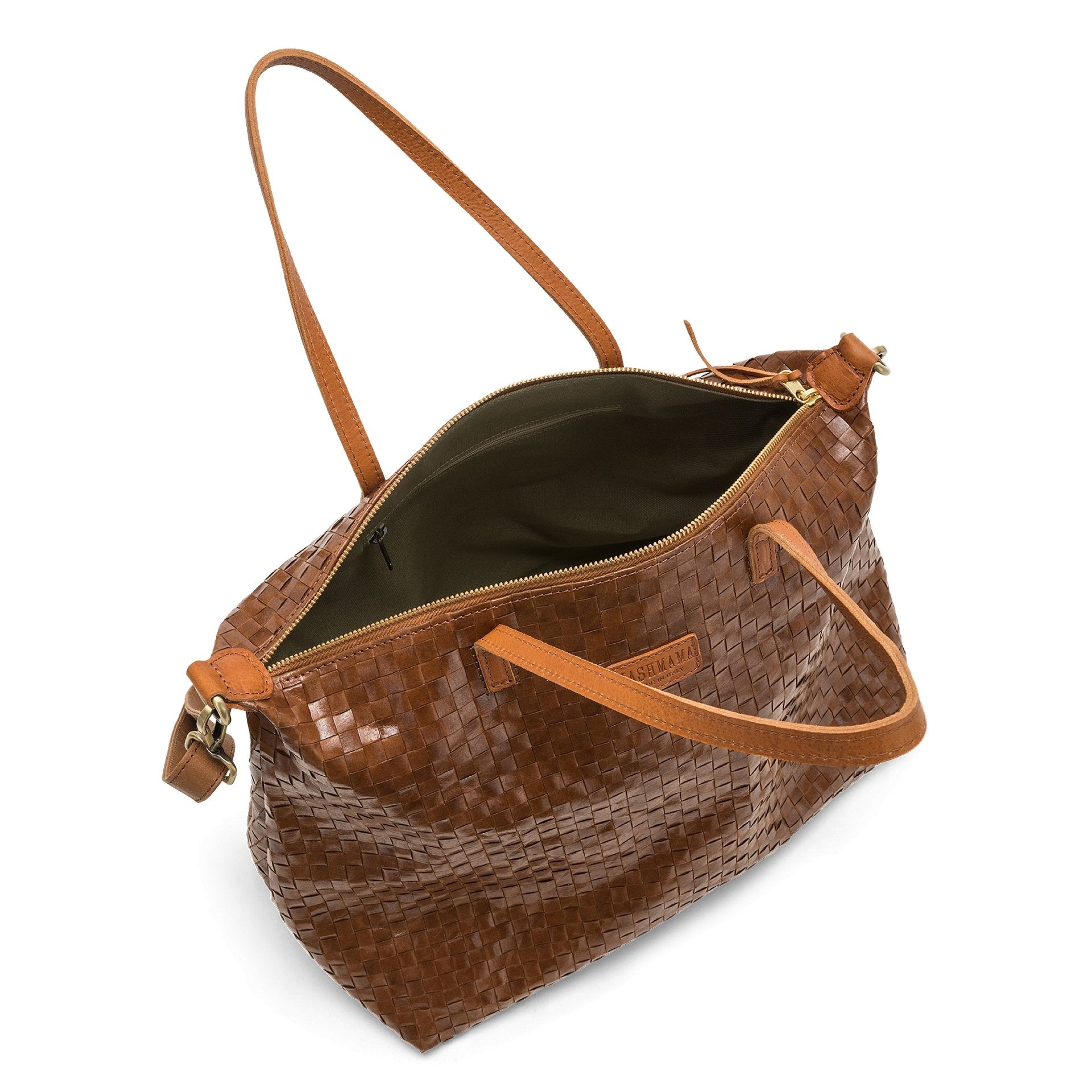 A large brown woven top handle bag is shown open and unzipped from the top angle. It displays a khaki lining and a zip pocket.