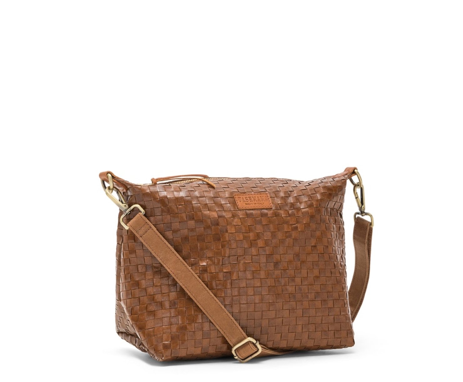 A brown washable paper woven handbag is shown with a zip closure, a UASHMAMA logo, and a brown washable paper long strap with brass hardware.