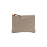 A washable paper pouch is shown from the front in grey, featuring a brown zip toggle.