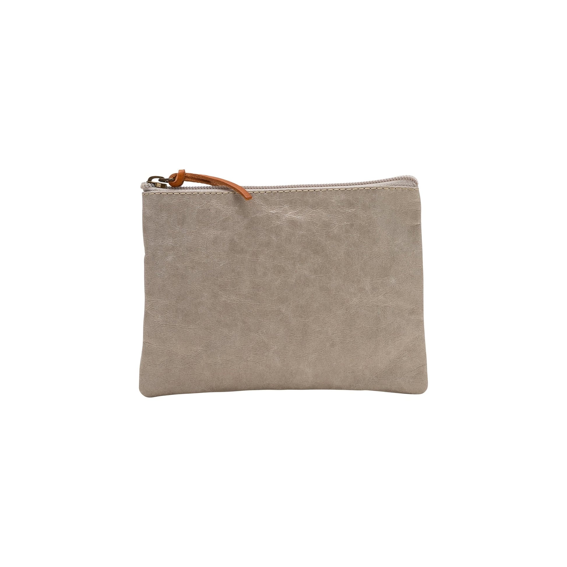 A washable paper pouch is shown from the front in grey, featuring a brown zip toggle.
