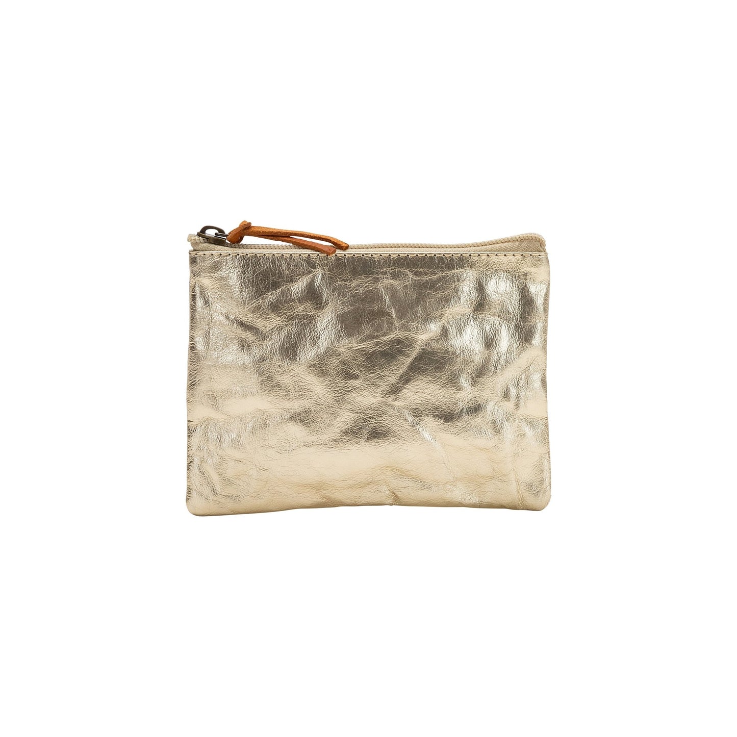 A washable paper pouch is shown from the front in metallic gold, featuring a brown zip toggle.