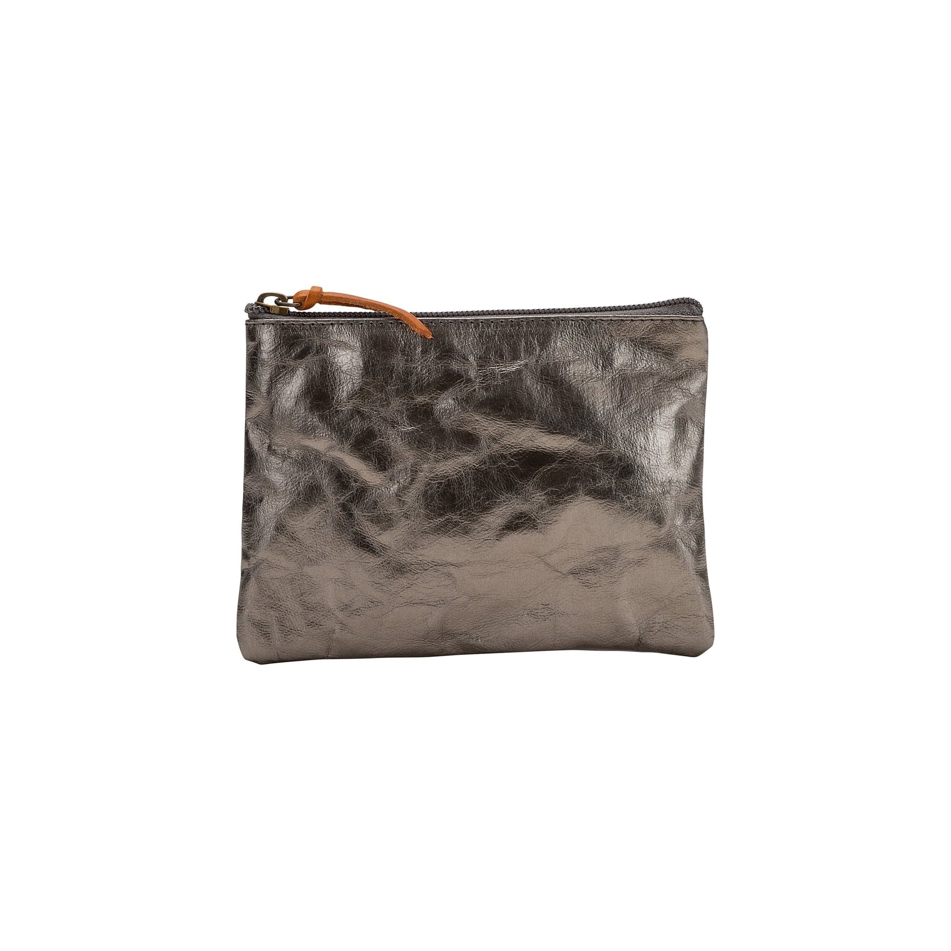 A washable paper pouch is shown from the front in metallic pewter, featuring a brown zip toggle.